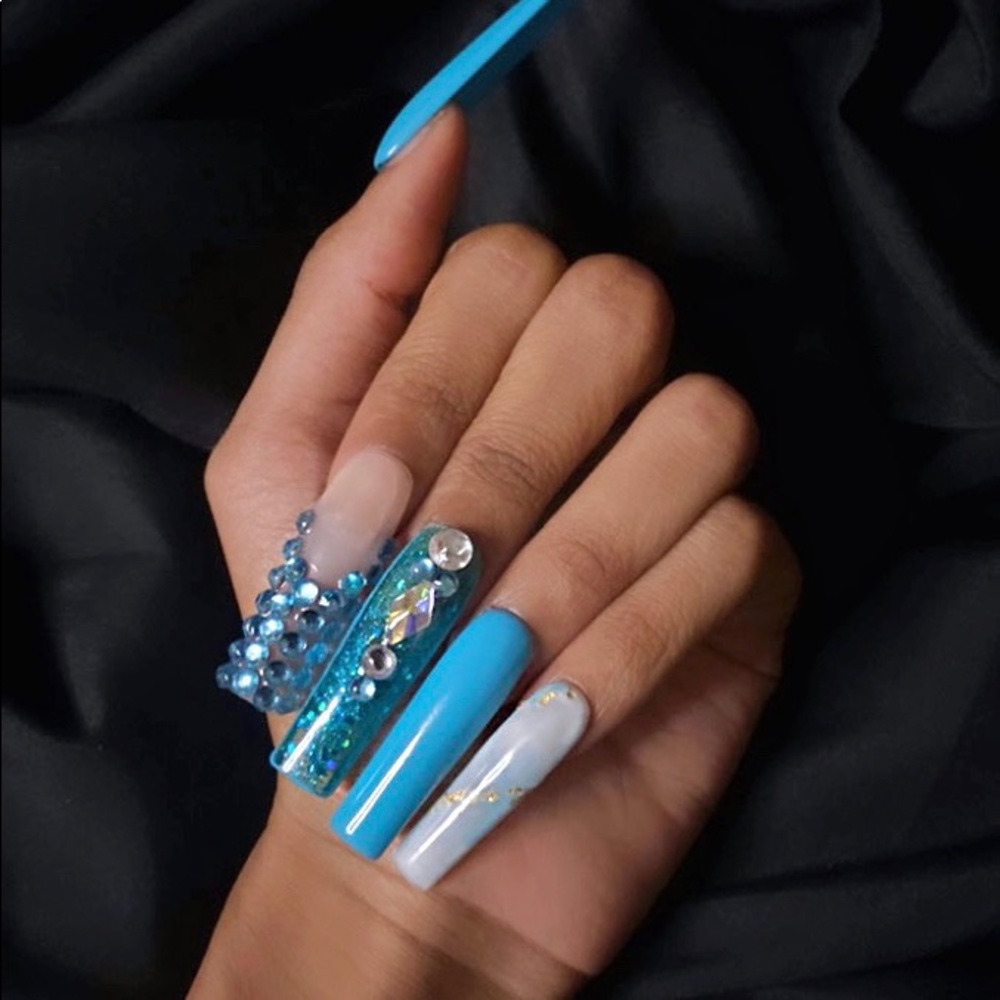 Blue XXL square bling out nails